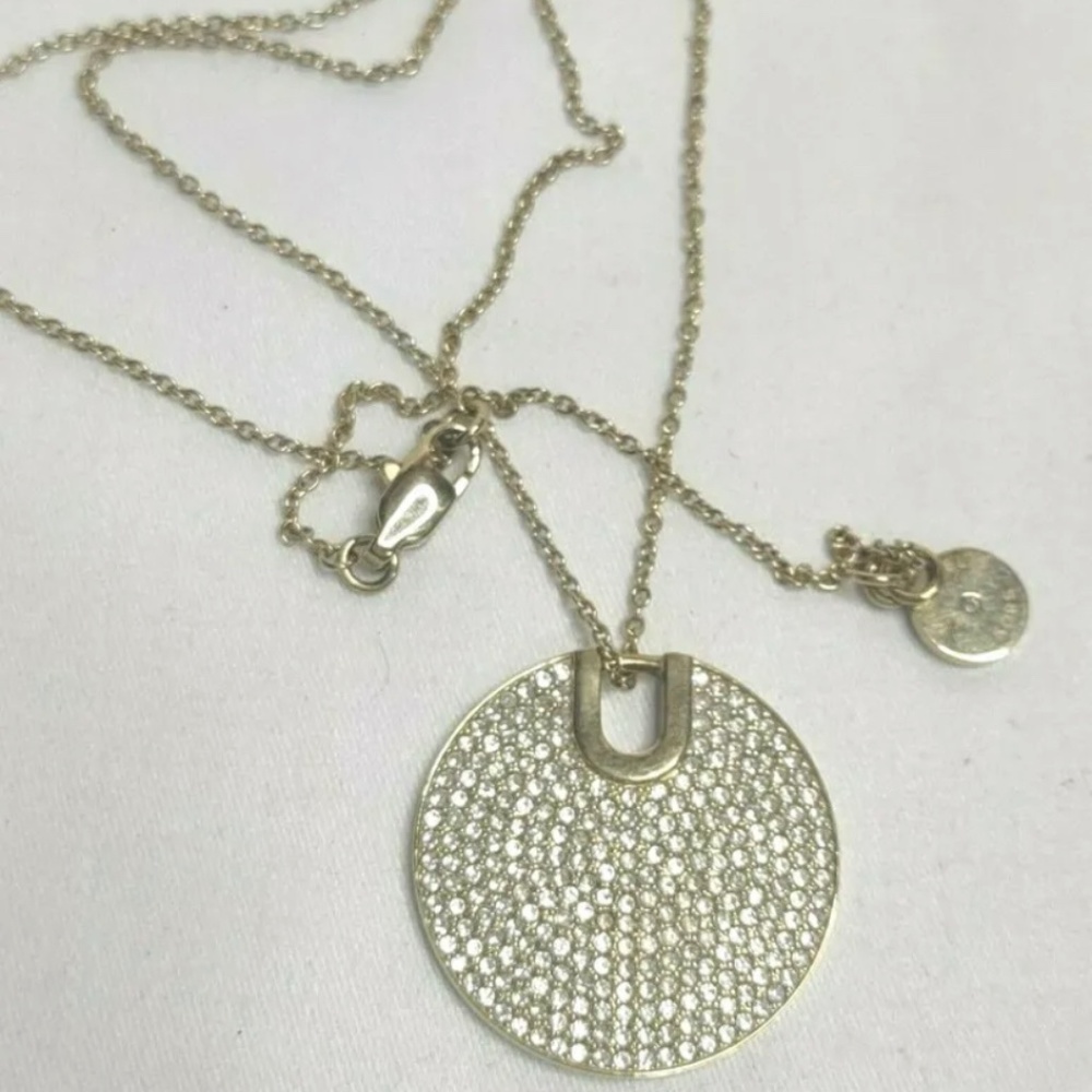 Michael Kors Necklace 18" w Pave Crystal Clear Rhinestone Disc Pendant Gold Tone